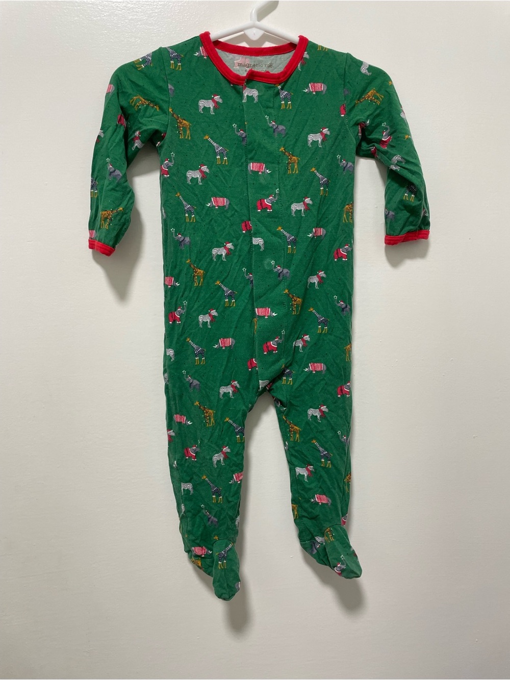 Magnetic me Green Animal-Print One-Piece Pajamas with Red Trim